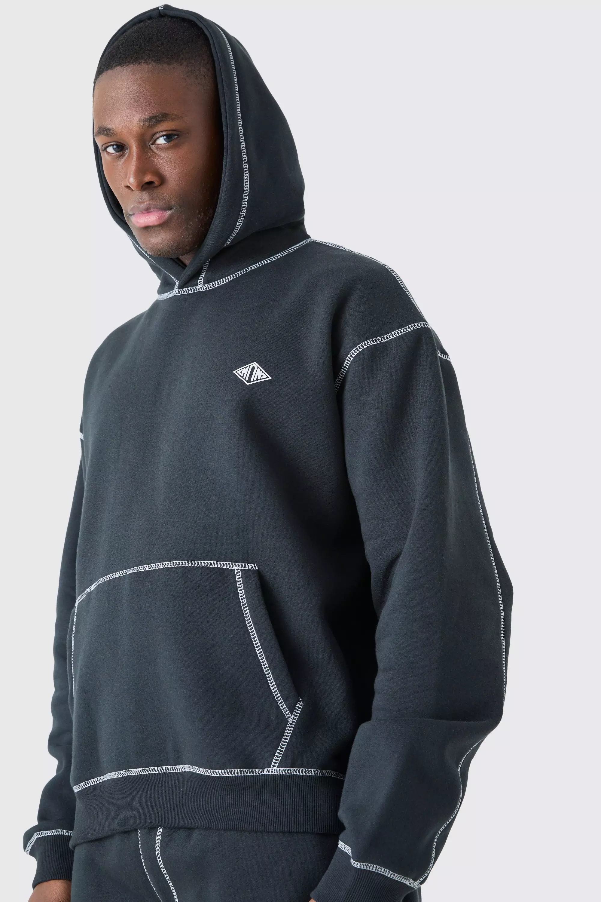 Oversized Boxy Man Contrast Stitch Hoodie Black