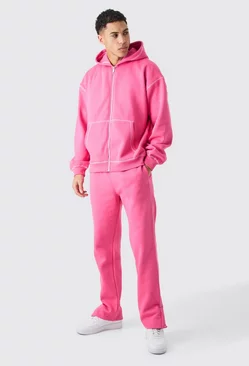 Pink Oversized Contrast Stitch Zip Through Hooded Tracksuit