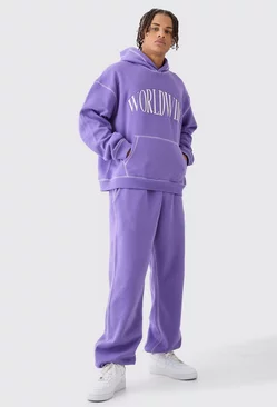 Purple Oversized Boxy Worldwide Contrast Stitch Hooded Tracksuit
