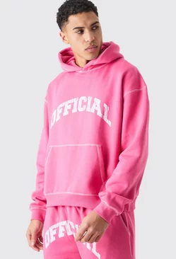 Oversized Boxy Official Contrast Stitch Hoodie Pink