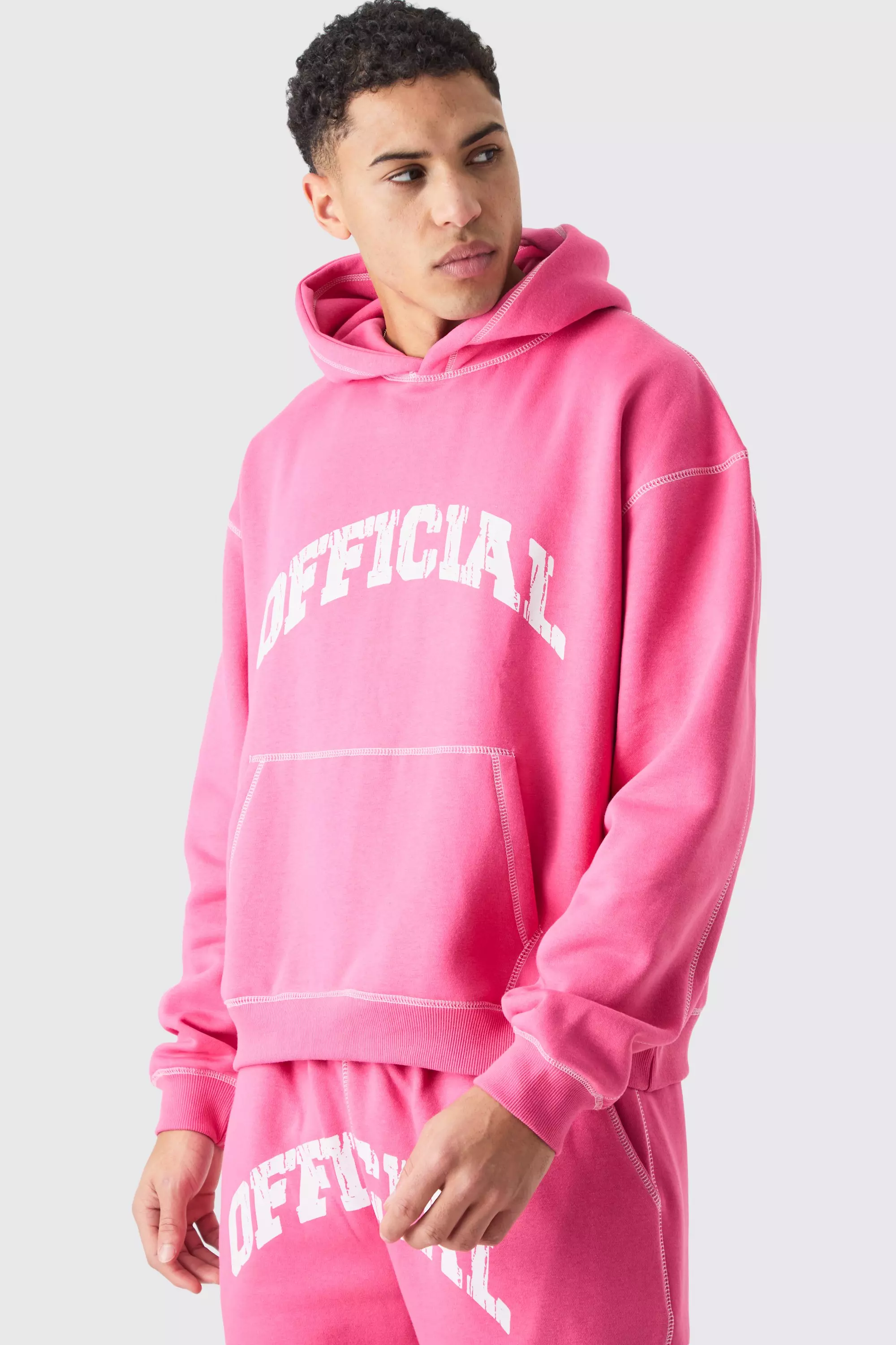 Oversized Boxy Official Contrast Stitch Hoodie Pink