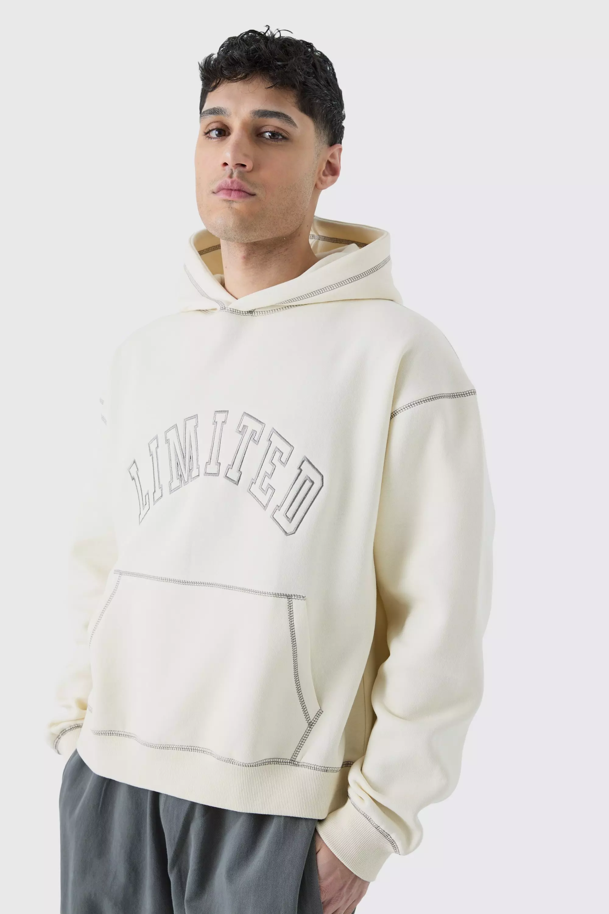 Ecru White Oversized Boxy Limited Contrast Stitch Hoodie