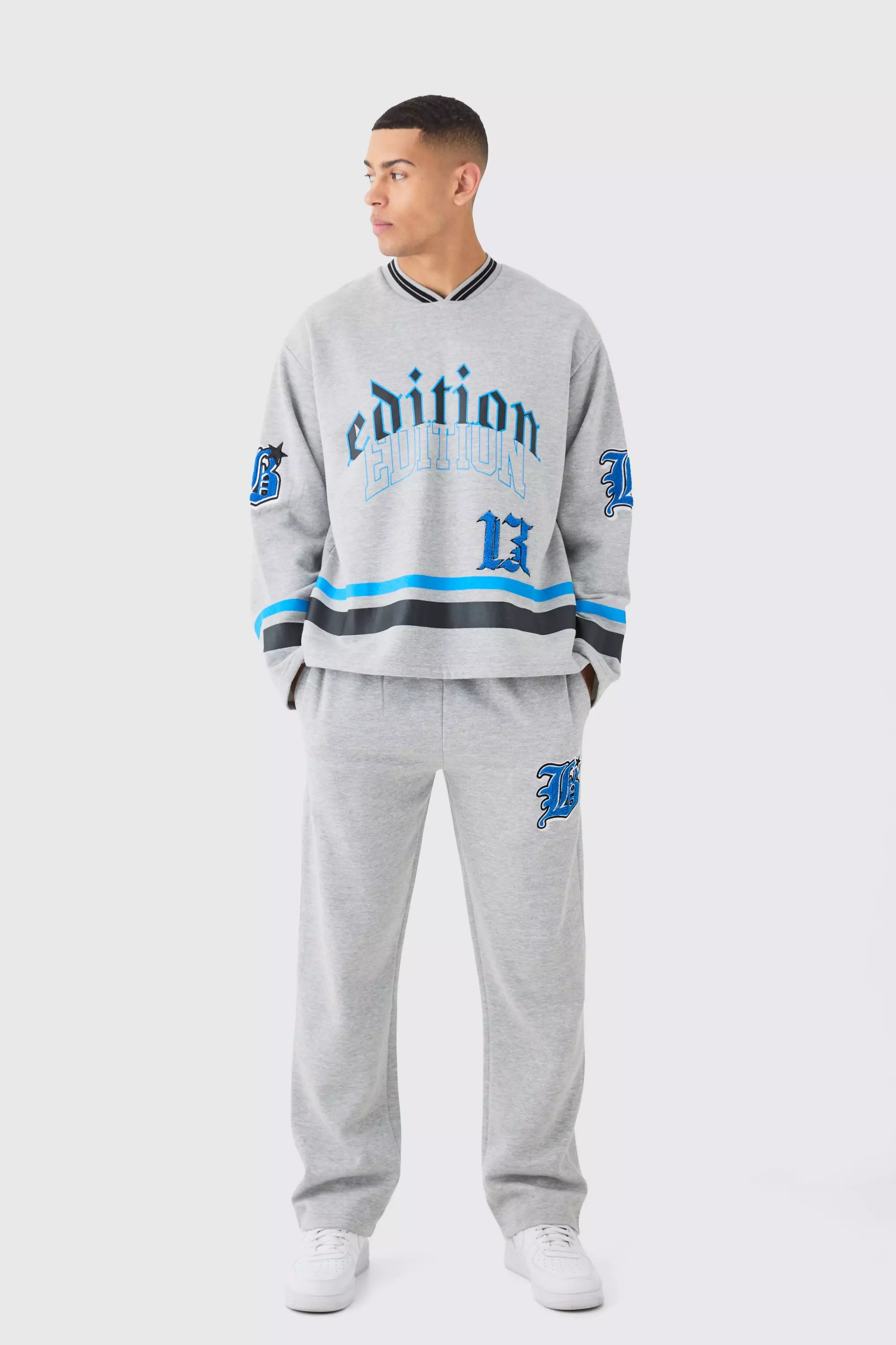 Oversized Varsity Applique V Neck Sweatshirt Tracksuit Grey marl