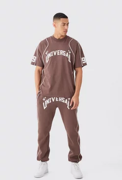 Chocolate Brown Oversized Extended Neck Universal Graphic T-shirt And Jogger