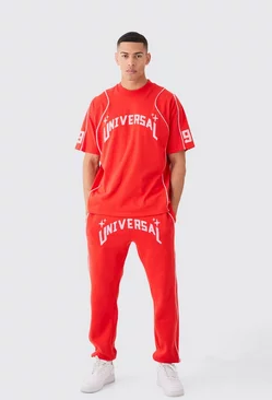Red Oversized Extended Neck Universal Graphic T-shirt And Jogger
