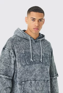 Oversized Faux Layer Acid Wash Embroidered Hoodie Charcoal