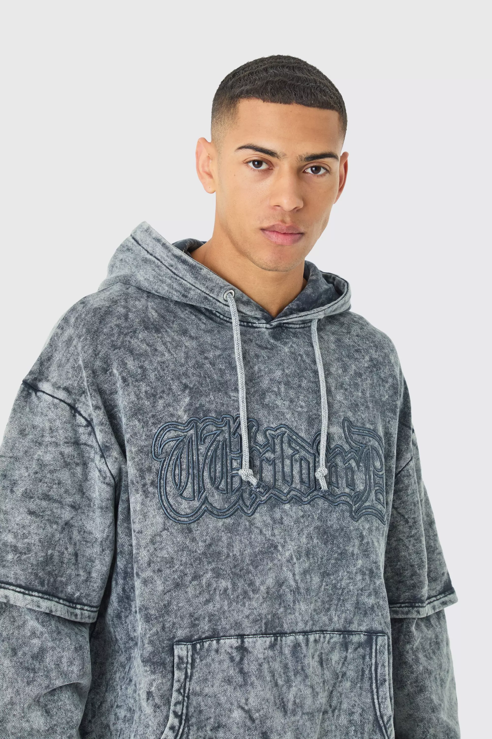 Charcoal Grey Oversized Faux Layer Acid Wash Embroidered Hoodie