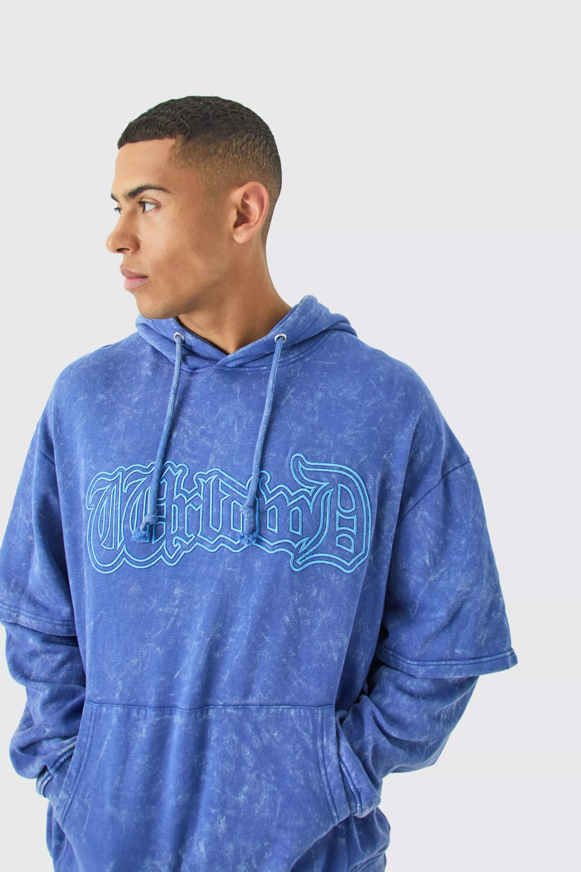 Denim-blue Oversized Faux Layer Acid Wash Embroidered Hoodie alternative image