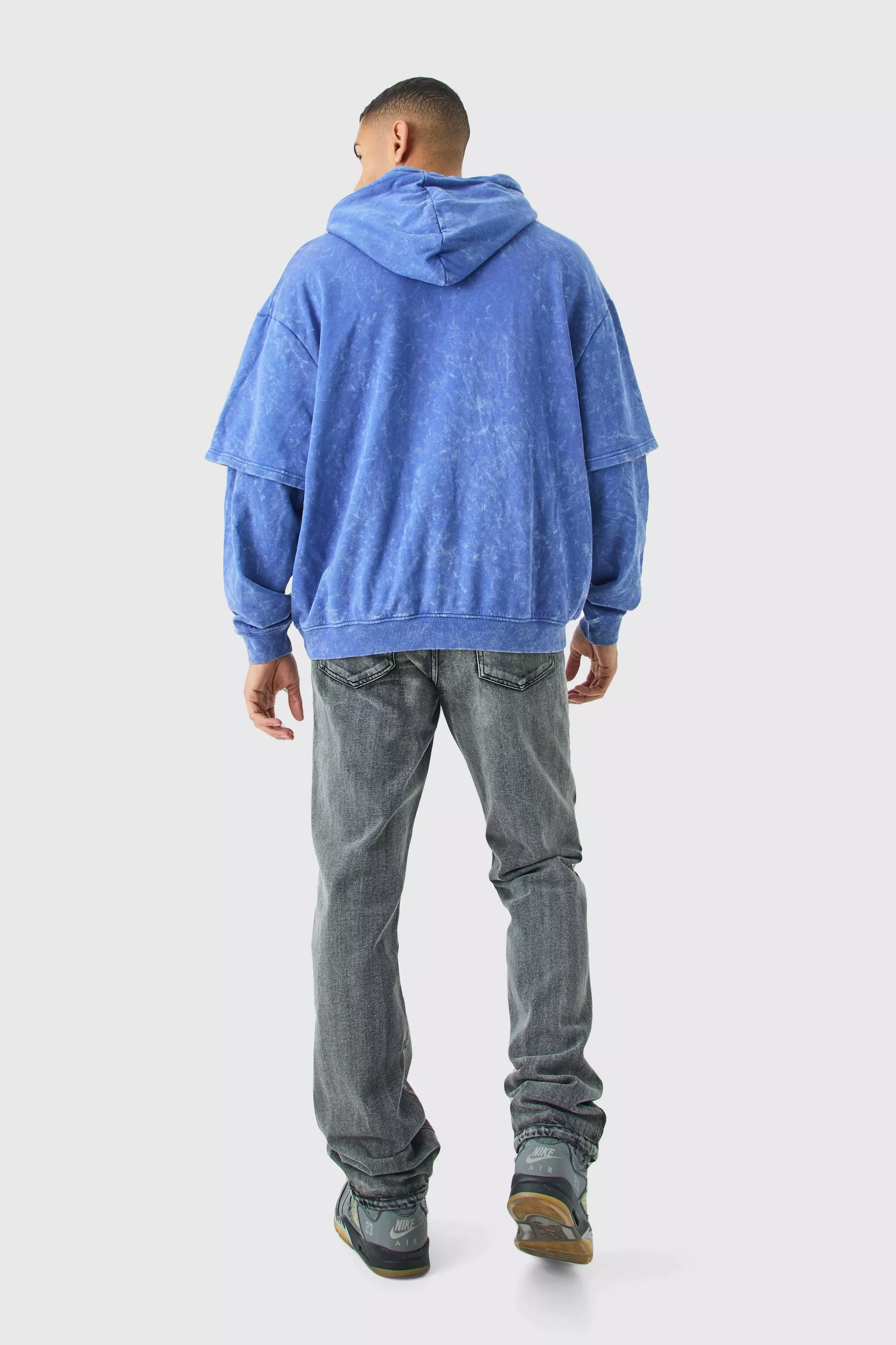 Denim-blue Oversized Faux Layer Acid Wash Embroidered Hoodie alternative image