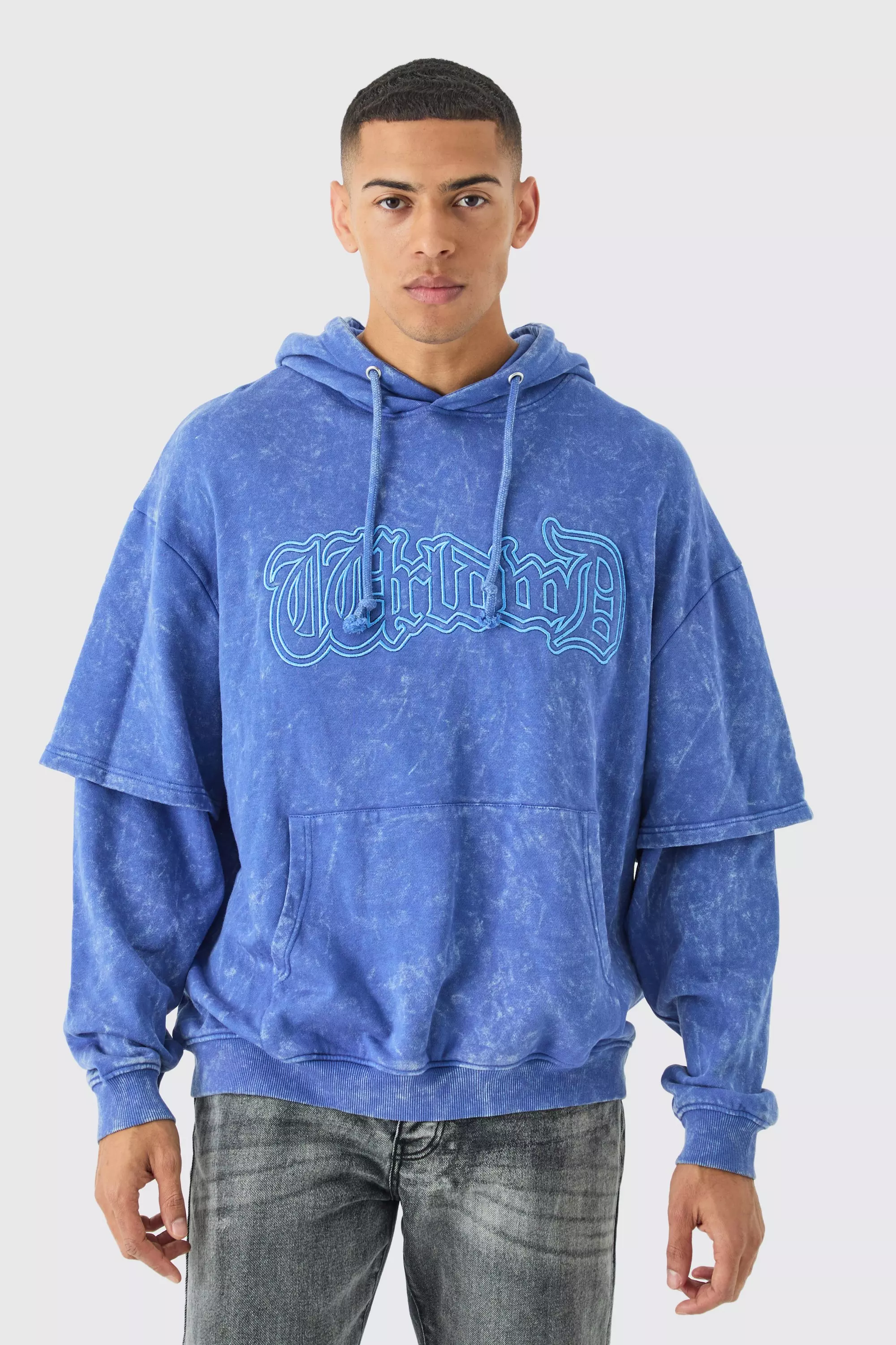 Denim-blue Oversized Faux Layer Acid Wash Embroidered Hoodie alternative image