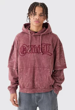 Pink Oversized Boxy Faux Layer Acid Wash Ofcl Embroidered Hoodie