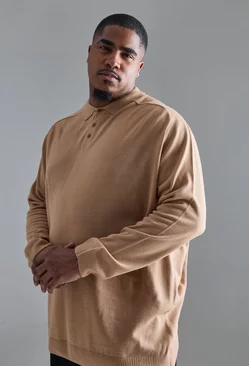 Plus Oversized Knitted Polo In Taupe Taupe
