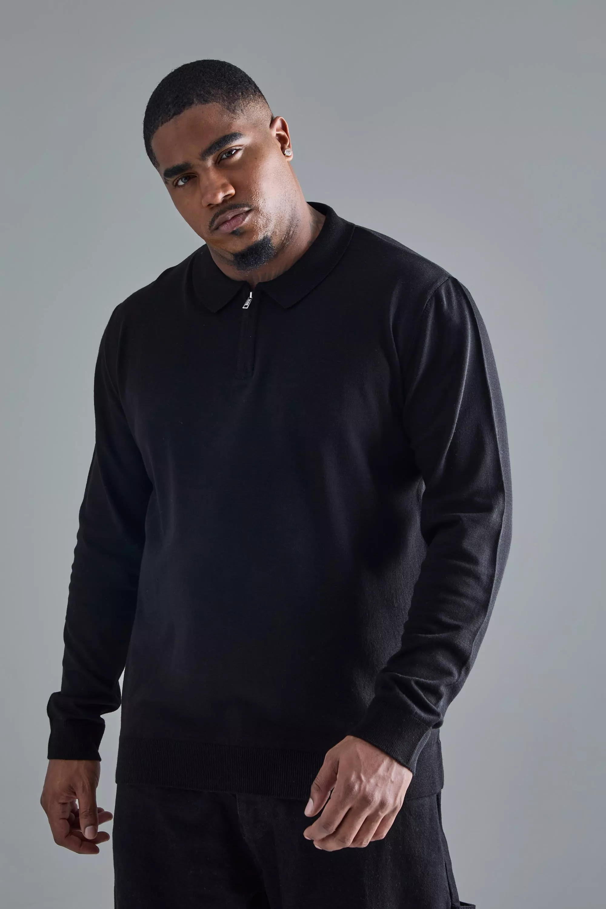 Plus Concealed Half Zip Knitted Polo In Black Black