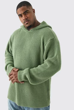 Plus Boxy Oversized Knitted Hoodie In Sage Sage