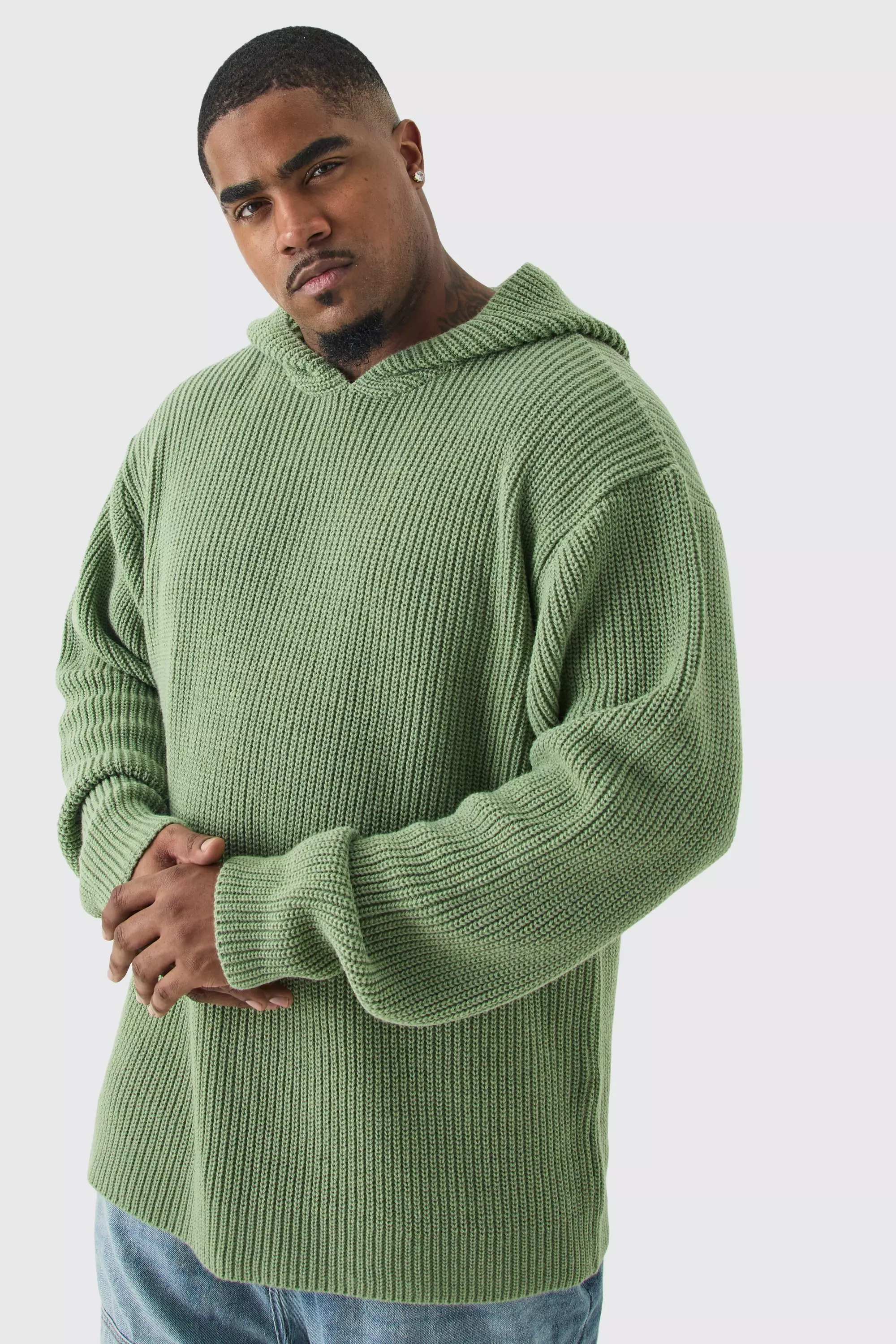 Green Plus Boxy Oversized Knitted Hoodie In Sage