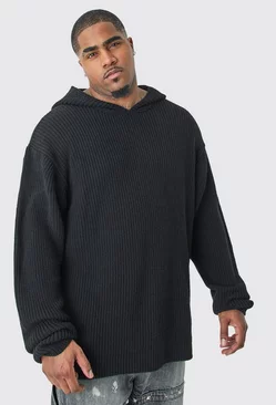 Plus Boxy Oversized Knitted Hoodie In Black Black