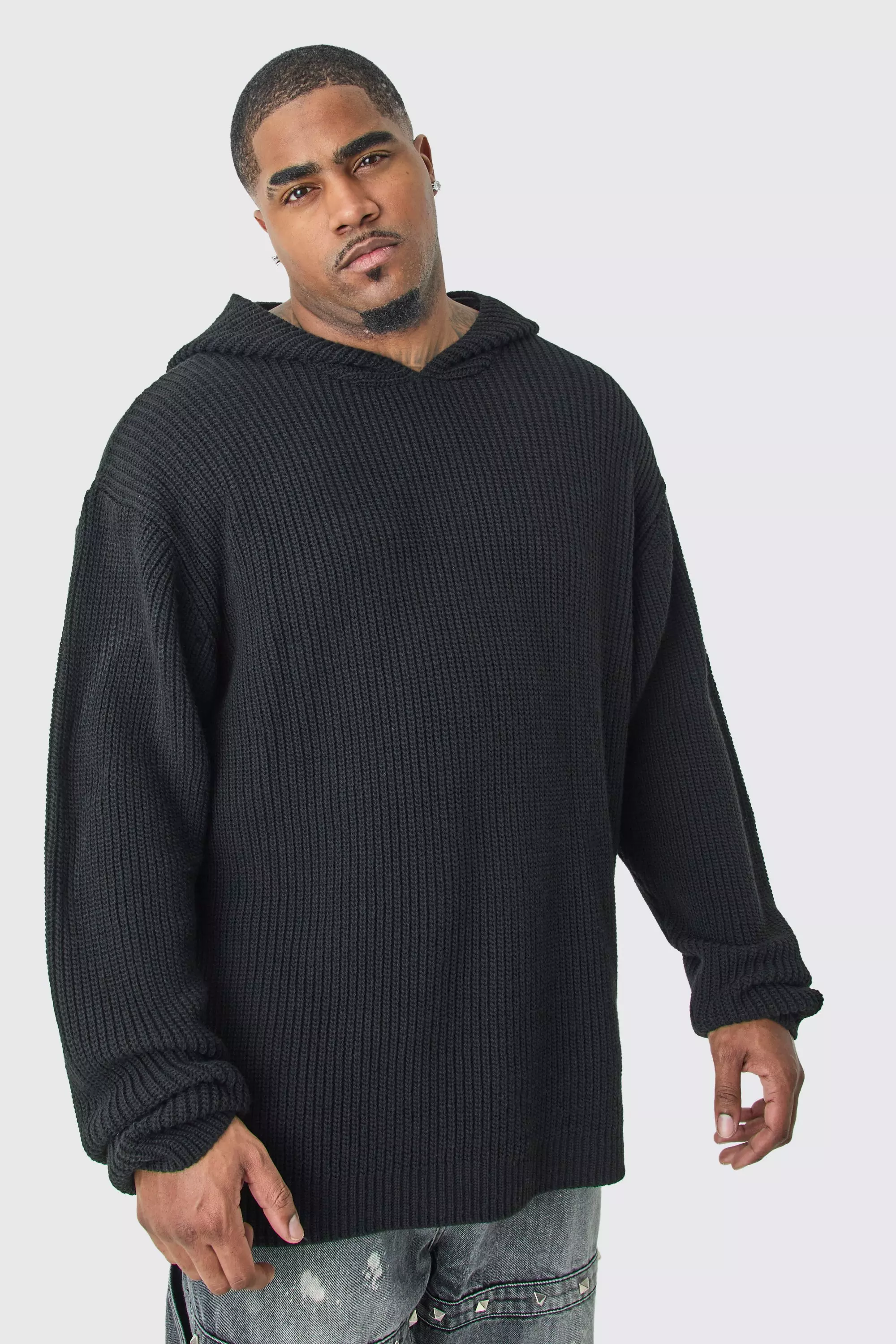 Plus Boxy Oversized Knitted Hoodie In Black Black