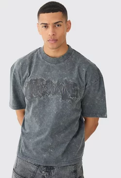 Oversized Boxy Acid Wash Worldwide Applique T-shirt Charcoal