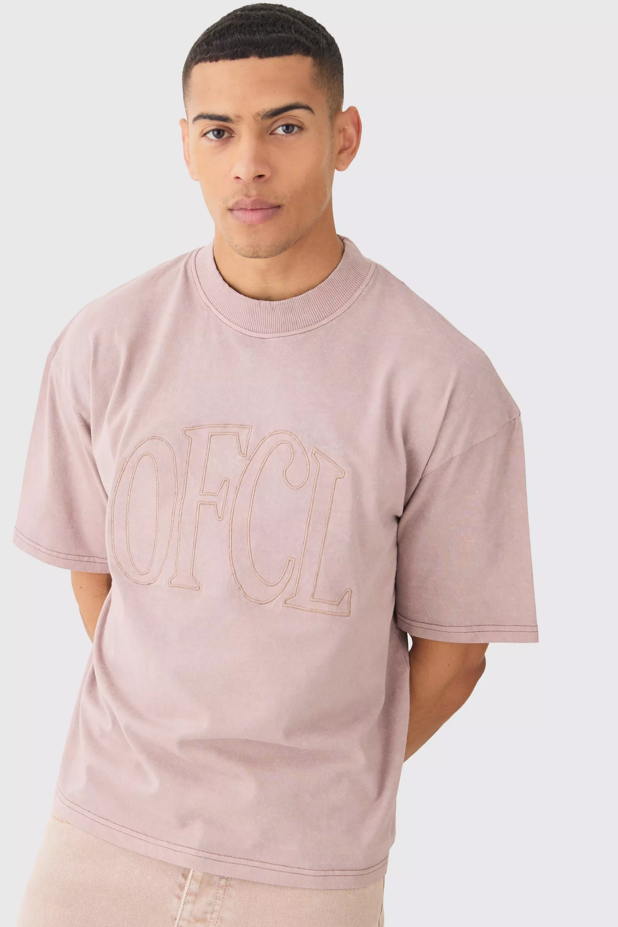 Pink Oversized Boxy Acid Wash Ofcl Applique T-shirt