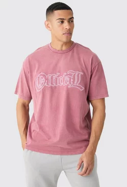 Oversized Acid Wash Official Embroidered Distressed T-shirt Pink