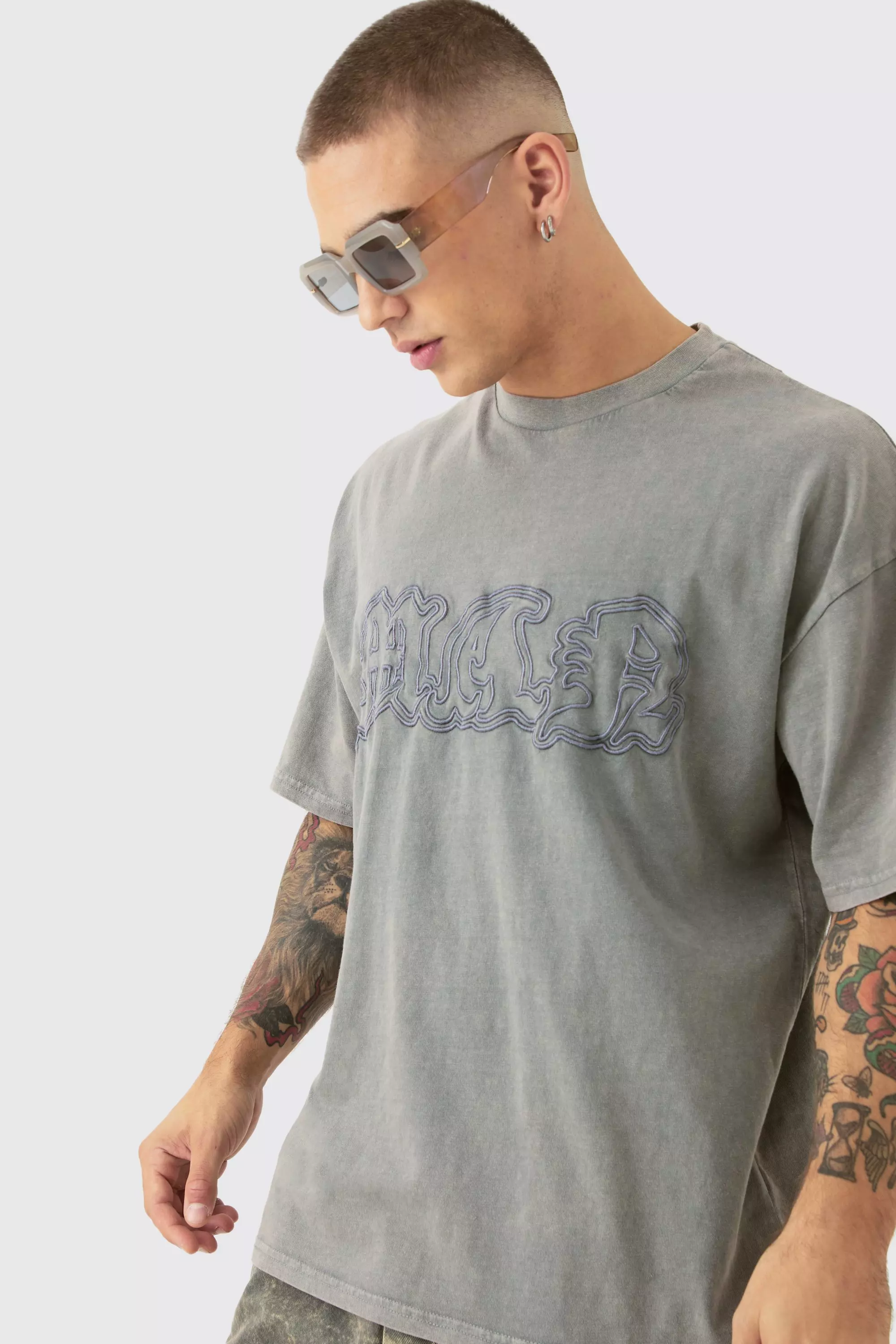 Taupe Beige Oversized Acid Wash Official Embroidered Distressed T-shirt