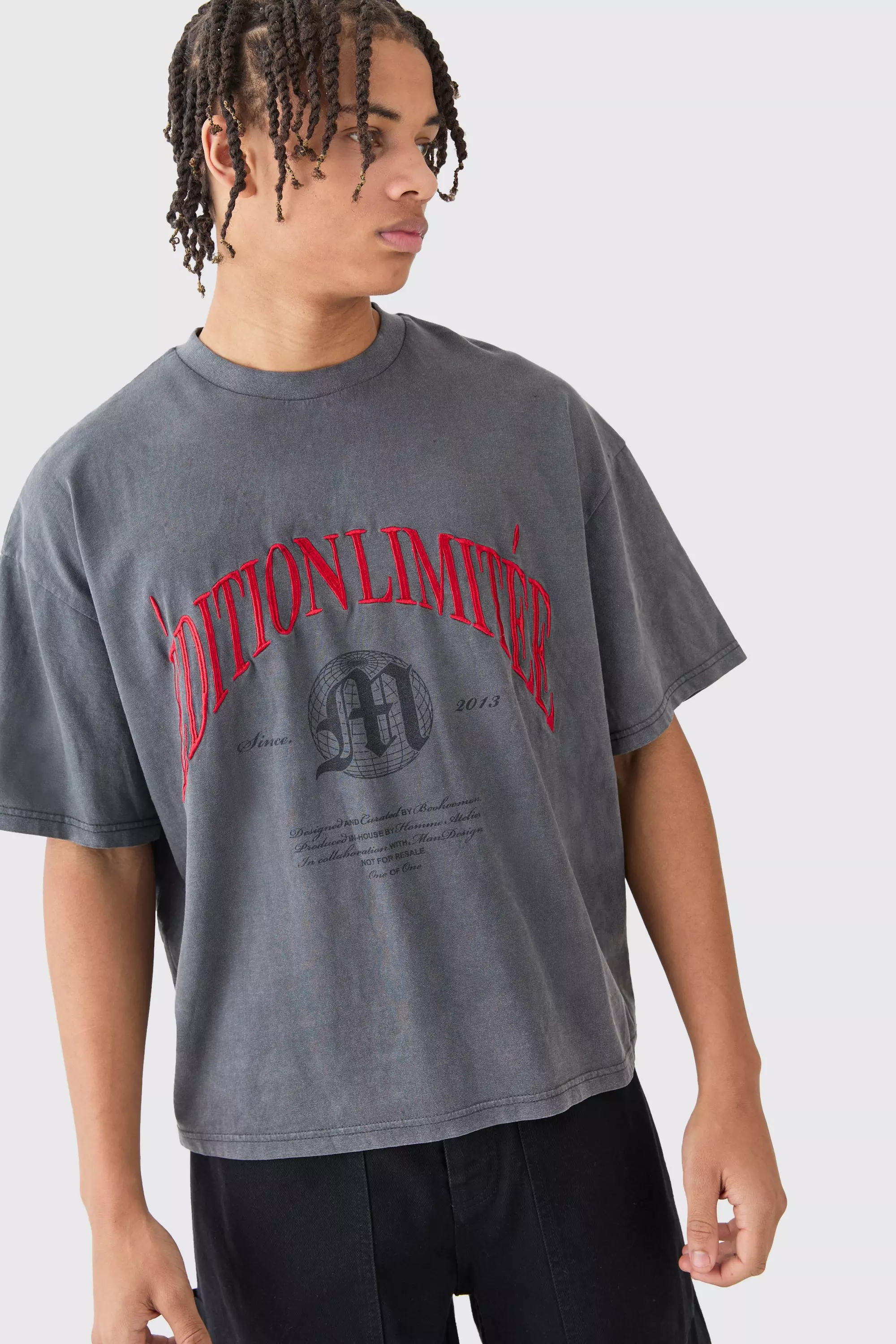 Oversized Boxy Acid Wash Edition Embroidered T-shirt Charcoal