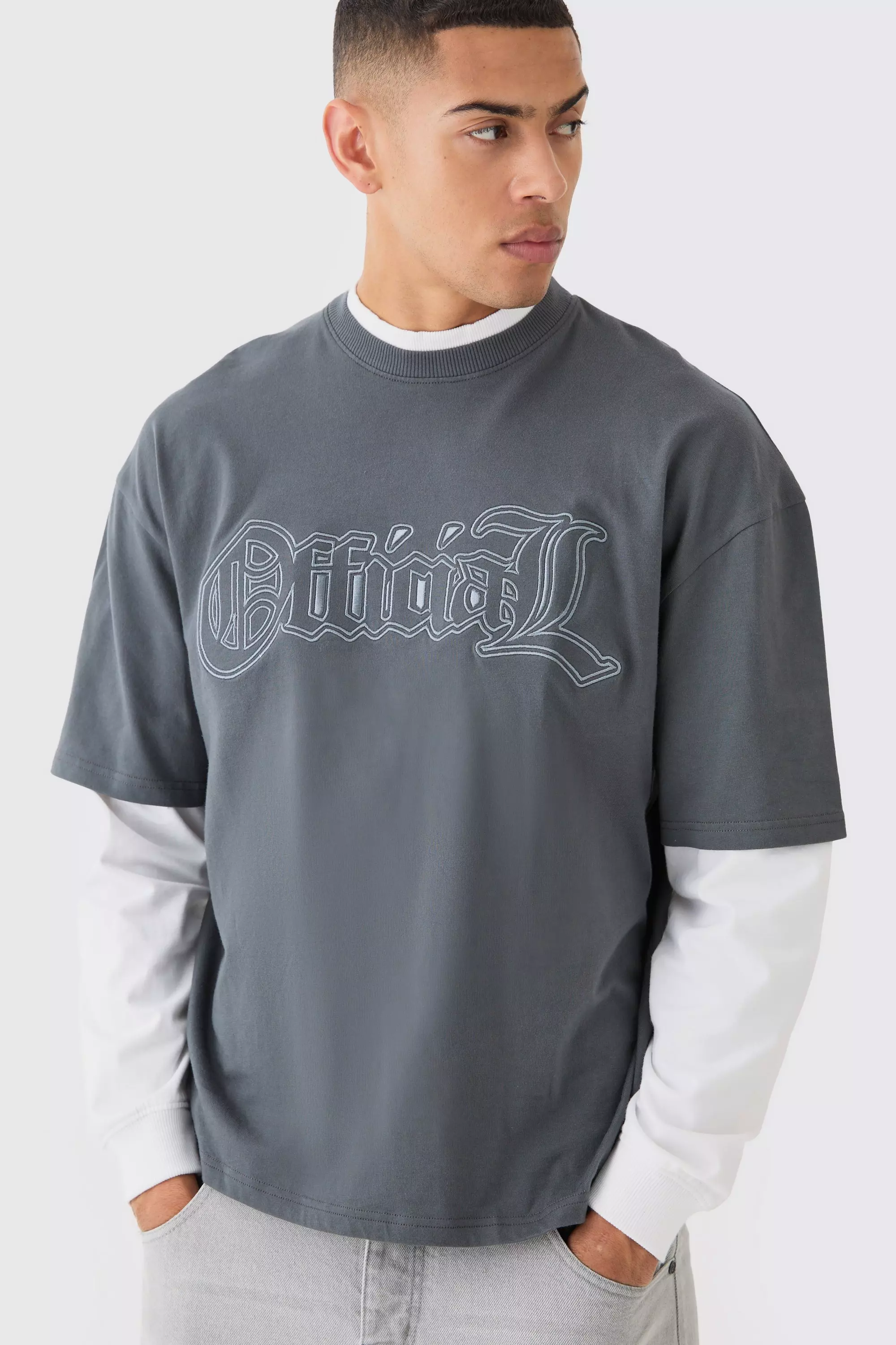 Oversized Boxy Faux Layer Acid Wash Embroidered Ofcl T-shirt Charcoal