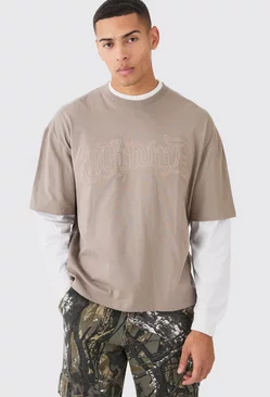 Oversized Boxy Faux Layer Acid Wash Embroidered T-shirt Taupe