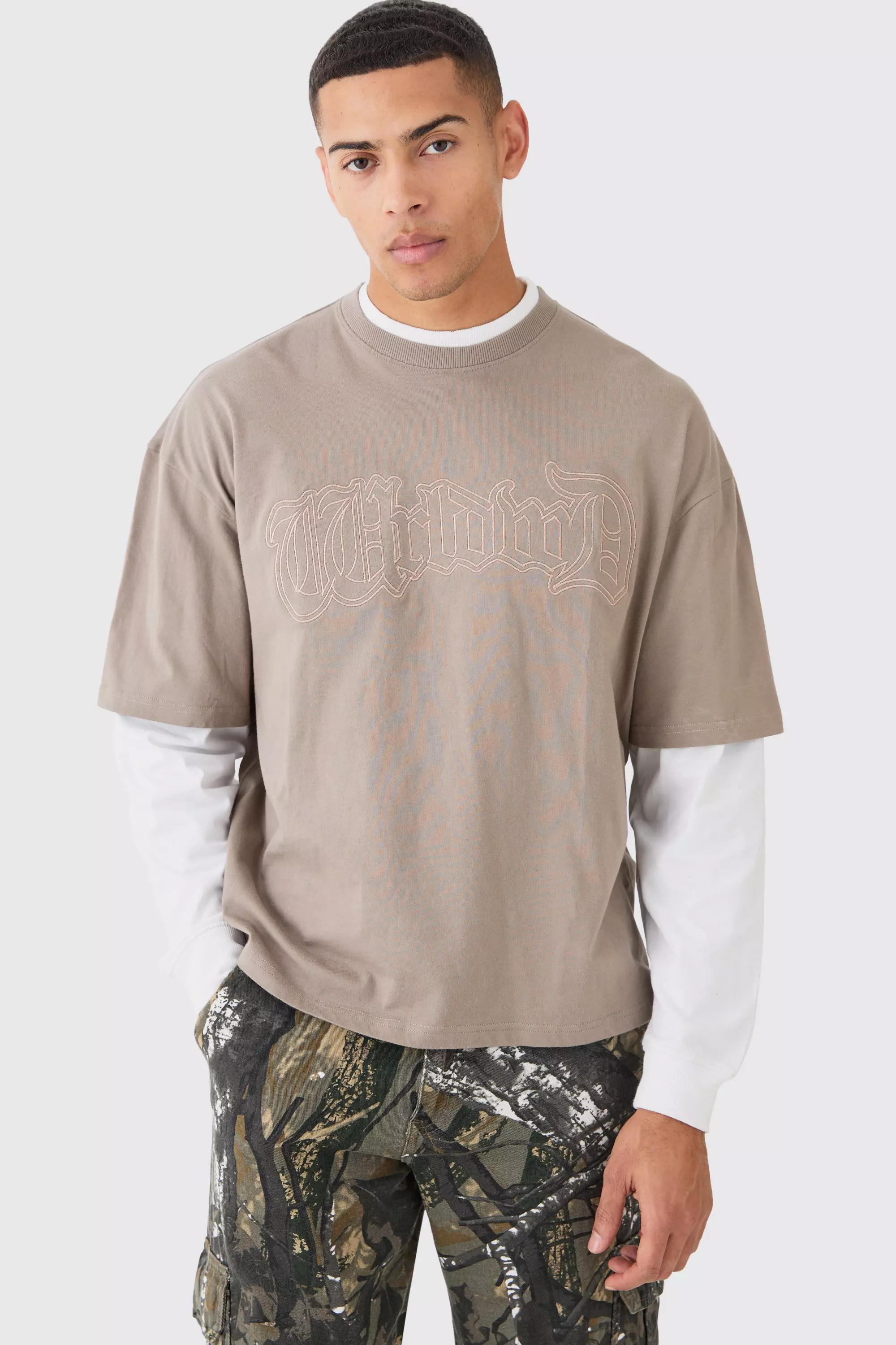 Taupe Beige Oversized Boxy Faux Layer Acid Wash Embroidered T-shirt