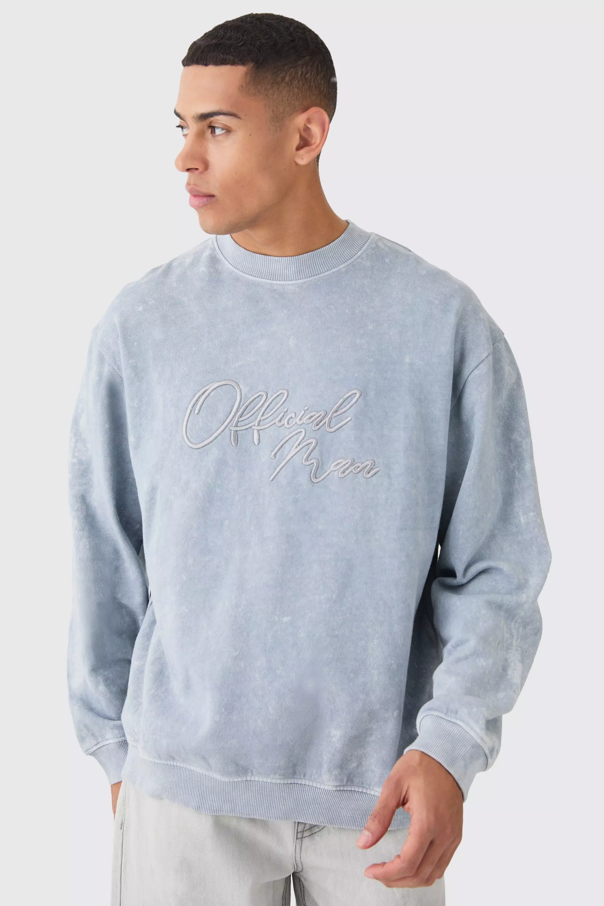 Light-grey Grey Oversized Extended Neck Acid Wash Embroidered Man Sweatshirt