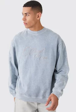 Oversized Extended Neck Acid Wash Embroidered Man Sweatshirt Light grey