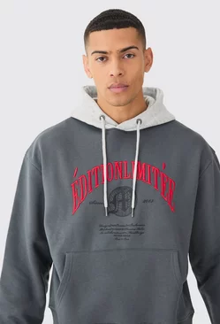 Oversized Boxy 3d Embroidered Edition Hoodie Charcoal