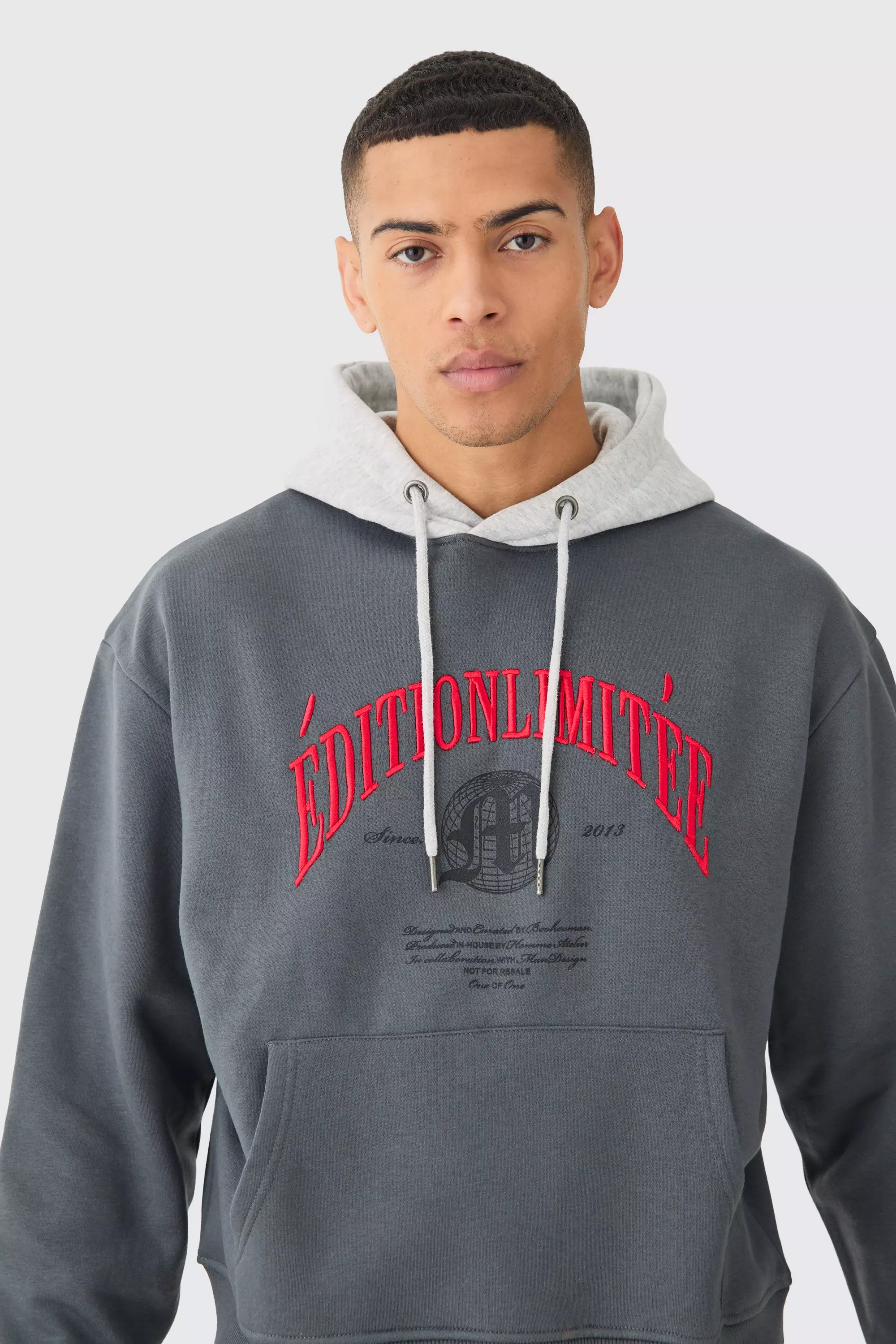 Charcoal Grey Oversized Boxy 3d Embroidered Edition Hoodie