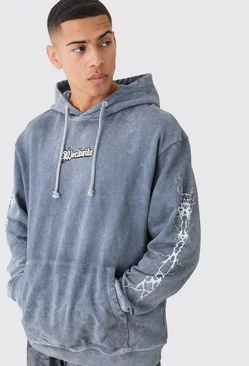 Oversized Acid Wash Embroidered Wing Graphic Hoodie Charcoal