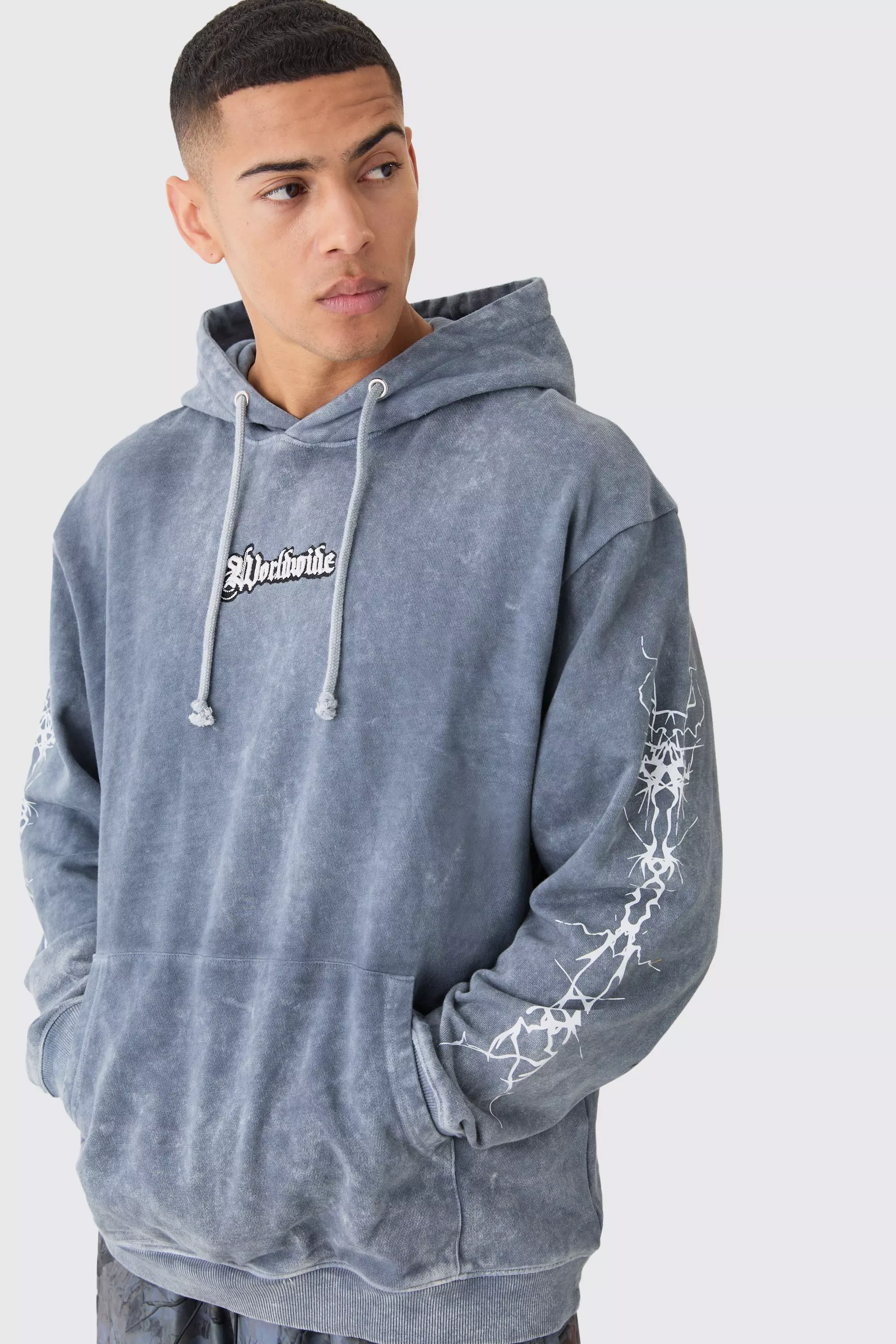 Charcoal Grey Oversized Acid Wash Embroidered Wing Graphic Hoodie