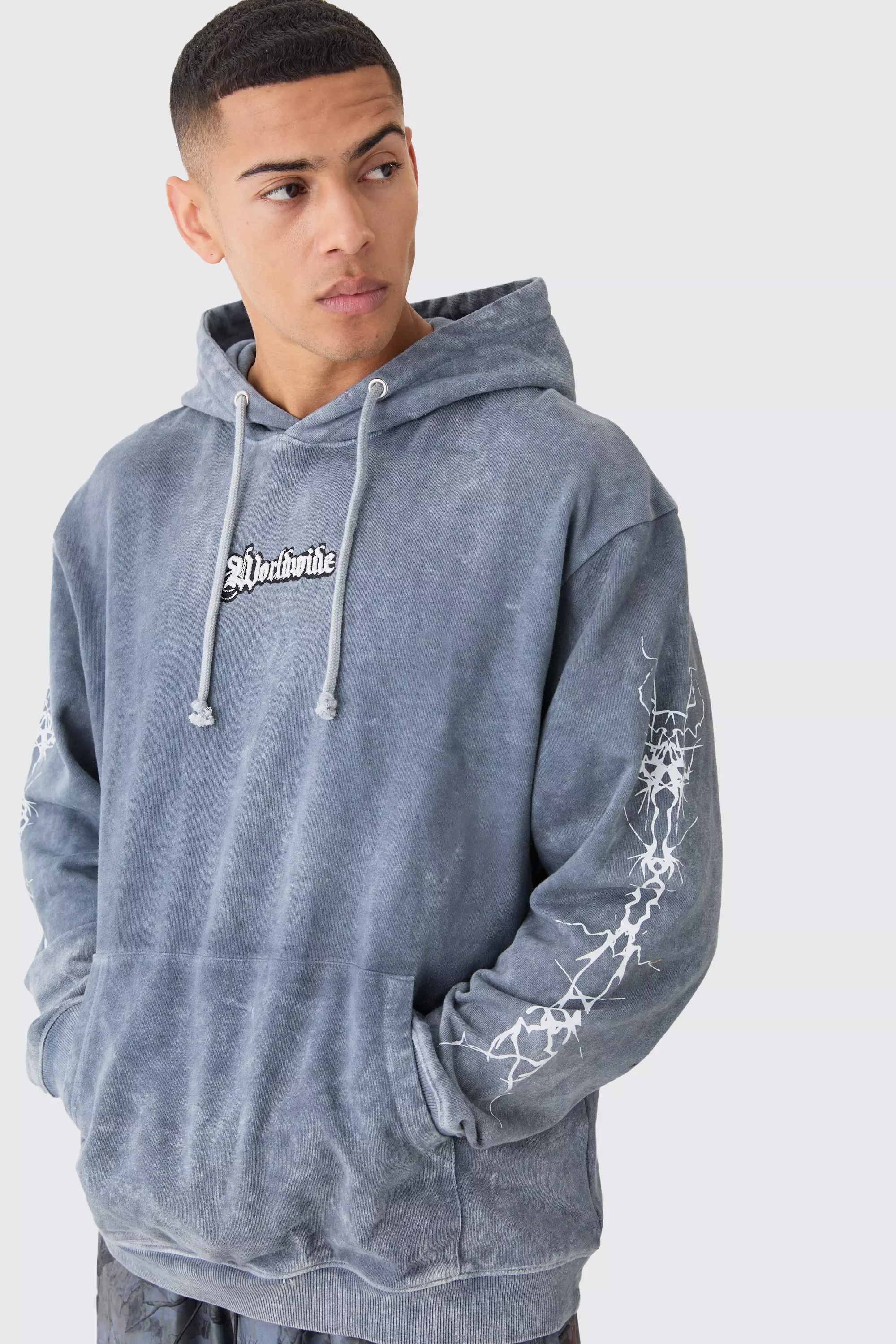 Oversized Acid Wash Embroidered Wing Graphic Hoodie Charcoal