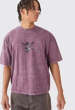Oversized Boxy Extended Neck Acid Wash M Graphic T-shirt Purple