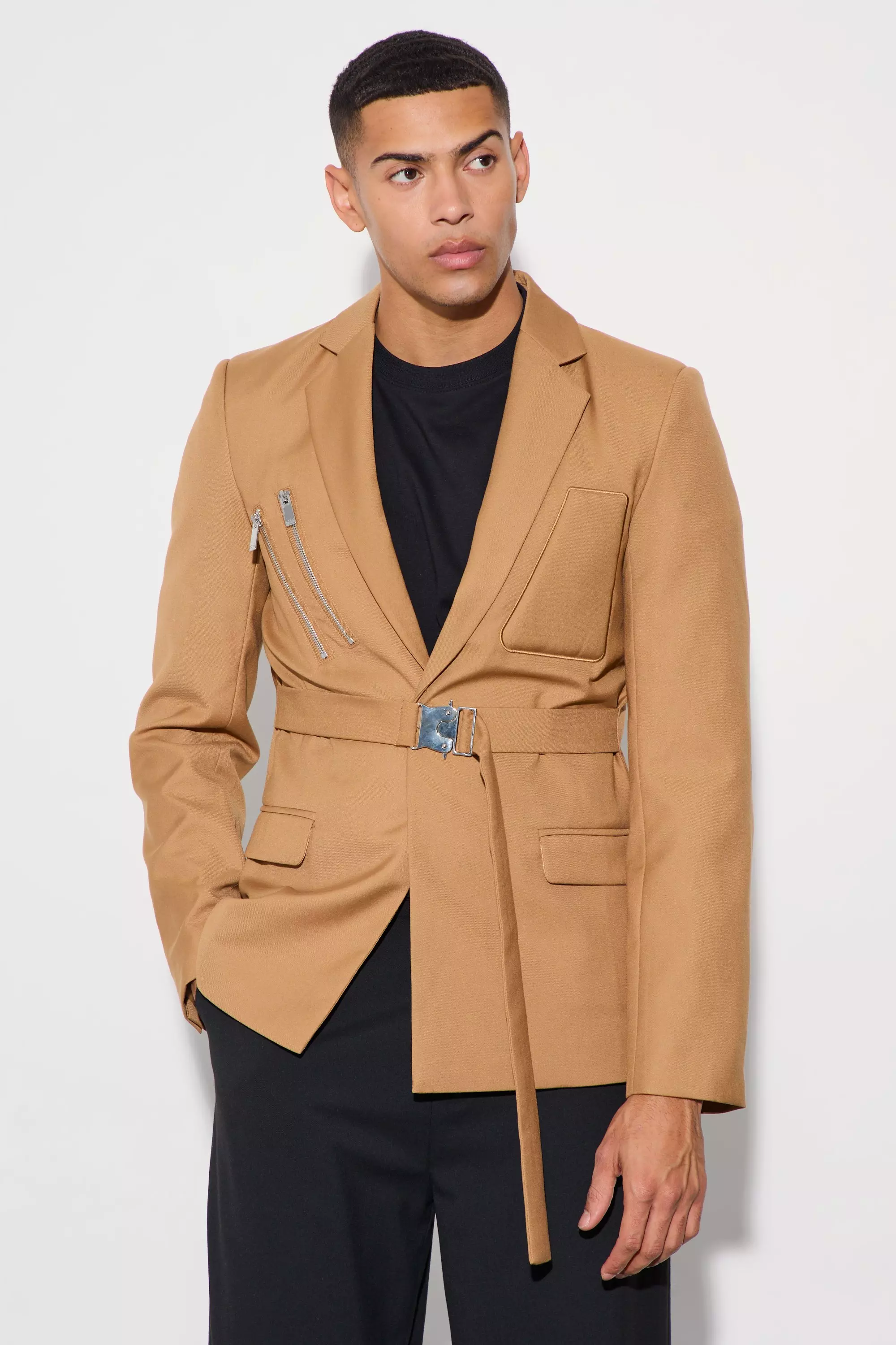 Skinny Fit Single Breasted Wrap Belt Blazer Camel