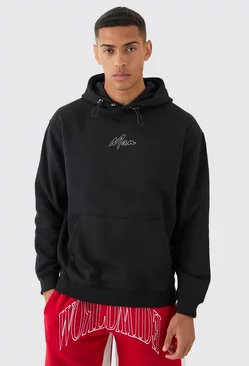 Oversized Chain Stitch Man Embroidered Hoodie Black