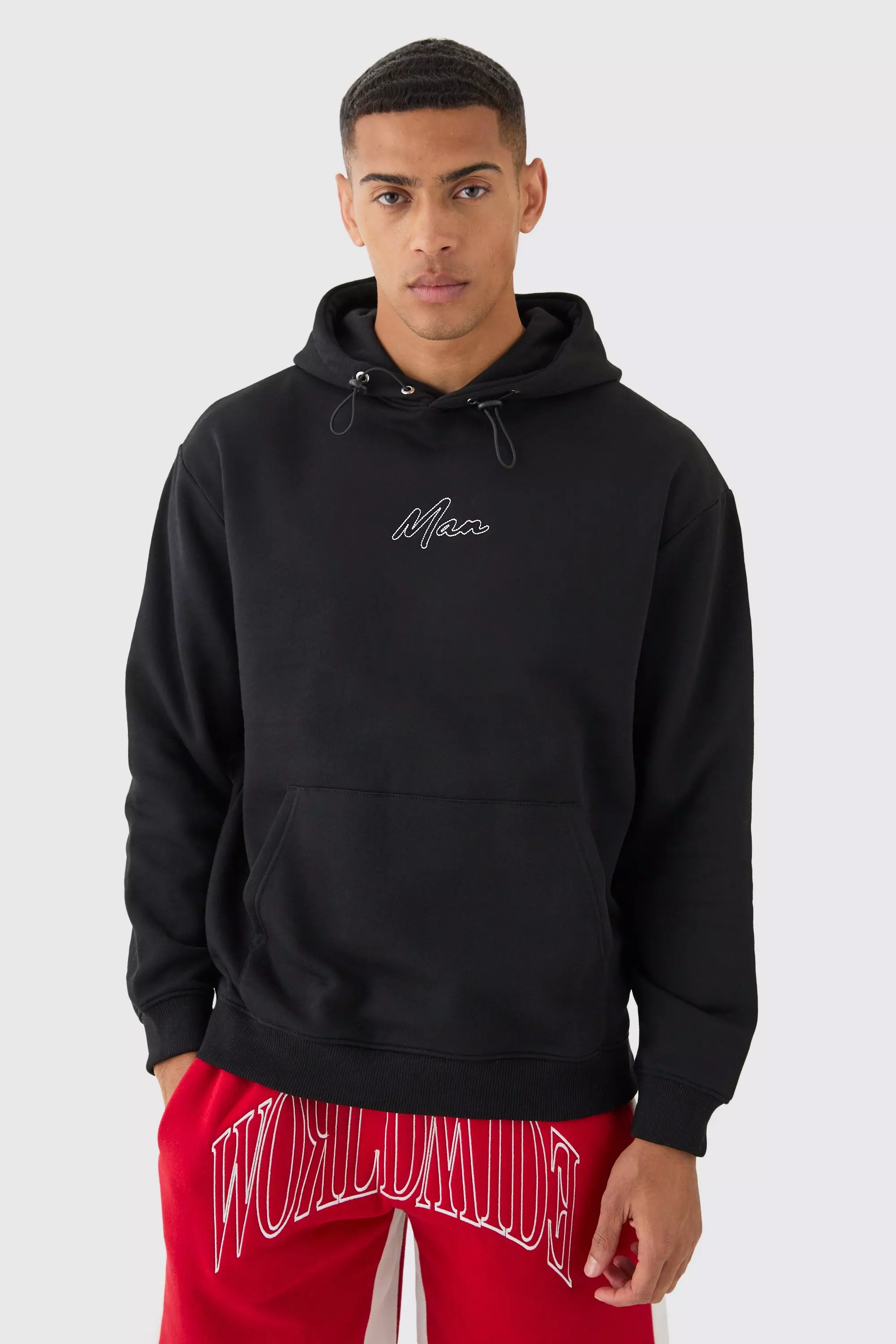 Oversized Chain Stitch Man Embroidered Hoodie Black