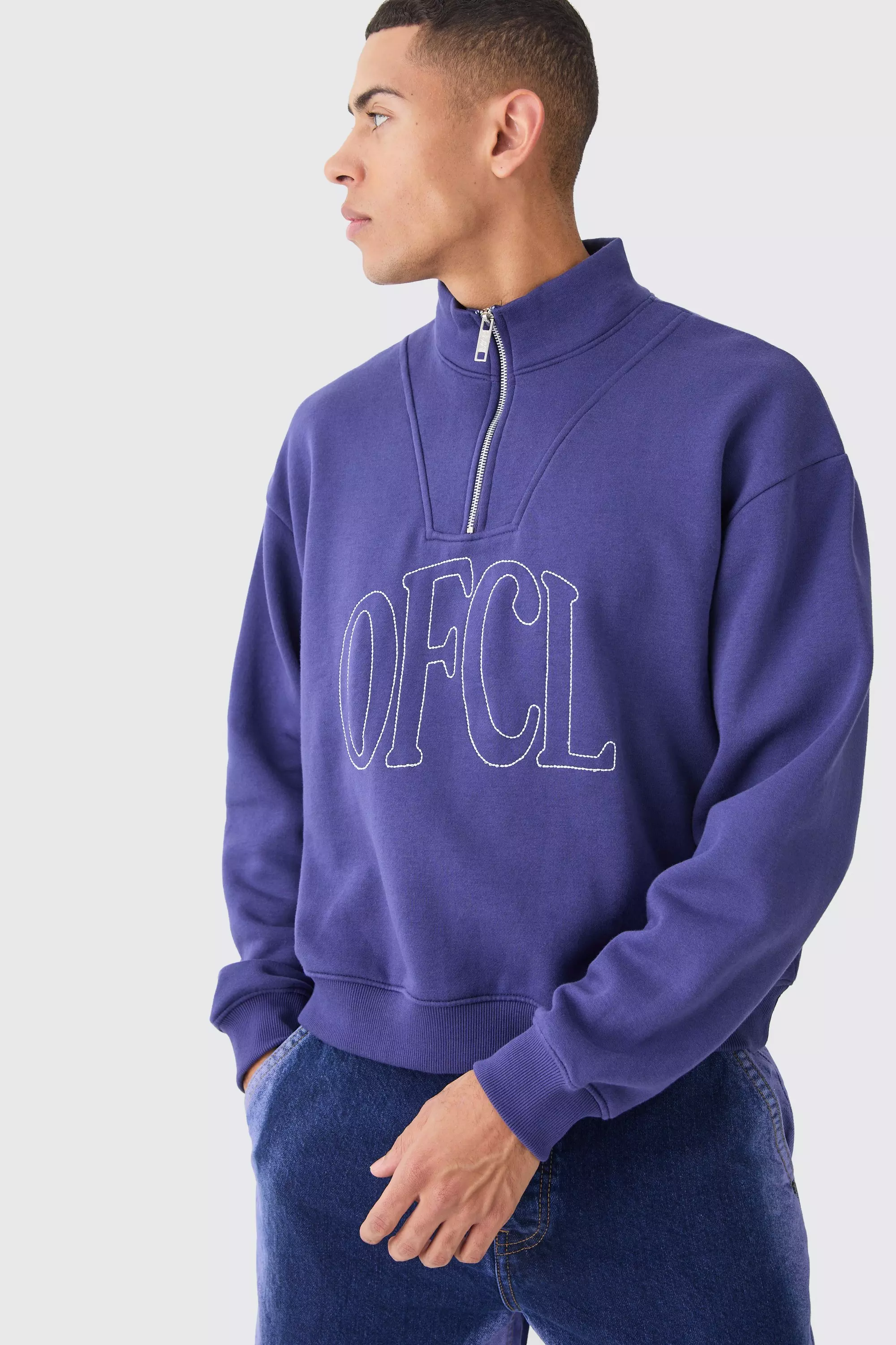 Oversized Boxy 1/4 Zip Chain Stitch Offcl Embroidered Hoodie Dark blue