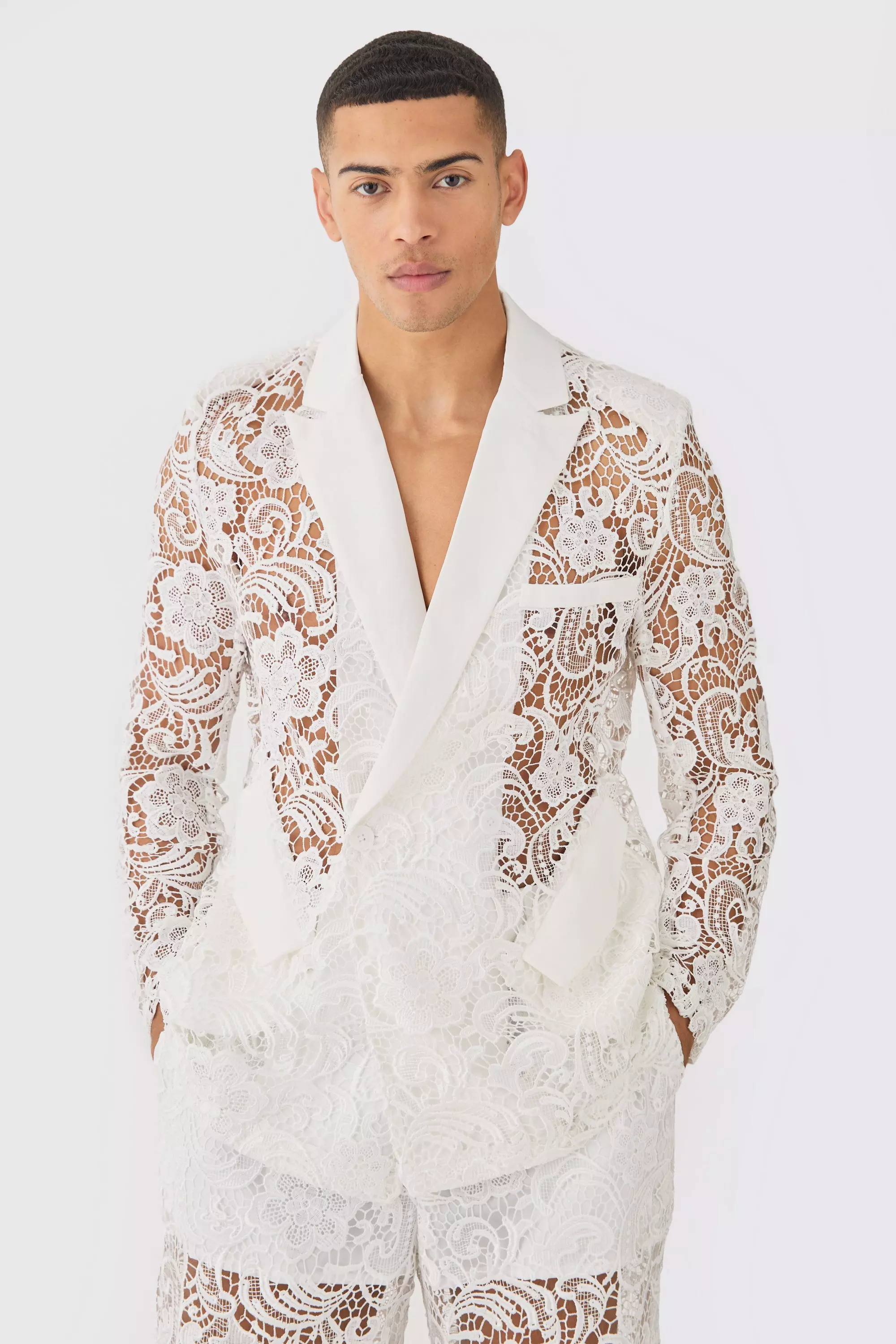 Relaxed Fit Double Breasted Lace Blazer White