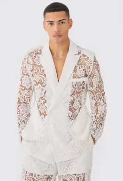 White Relaxed Fit Double Breasted Lace Blazer