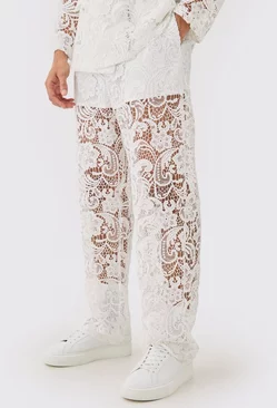 White Relaxed Fit Lace Suit Trouser