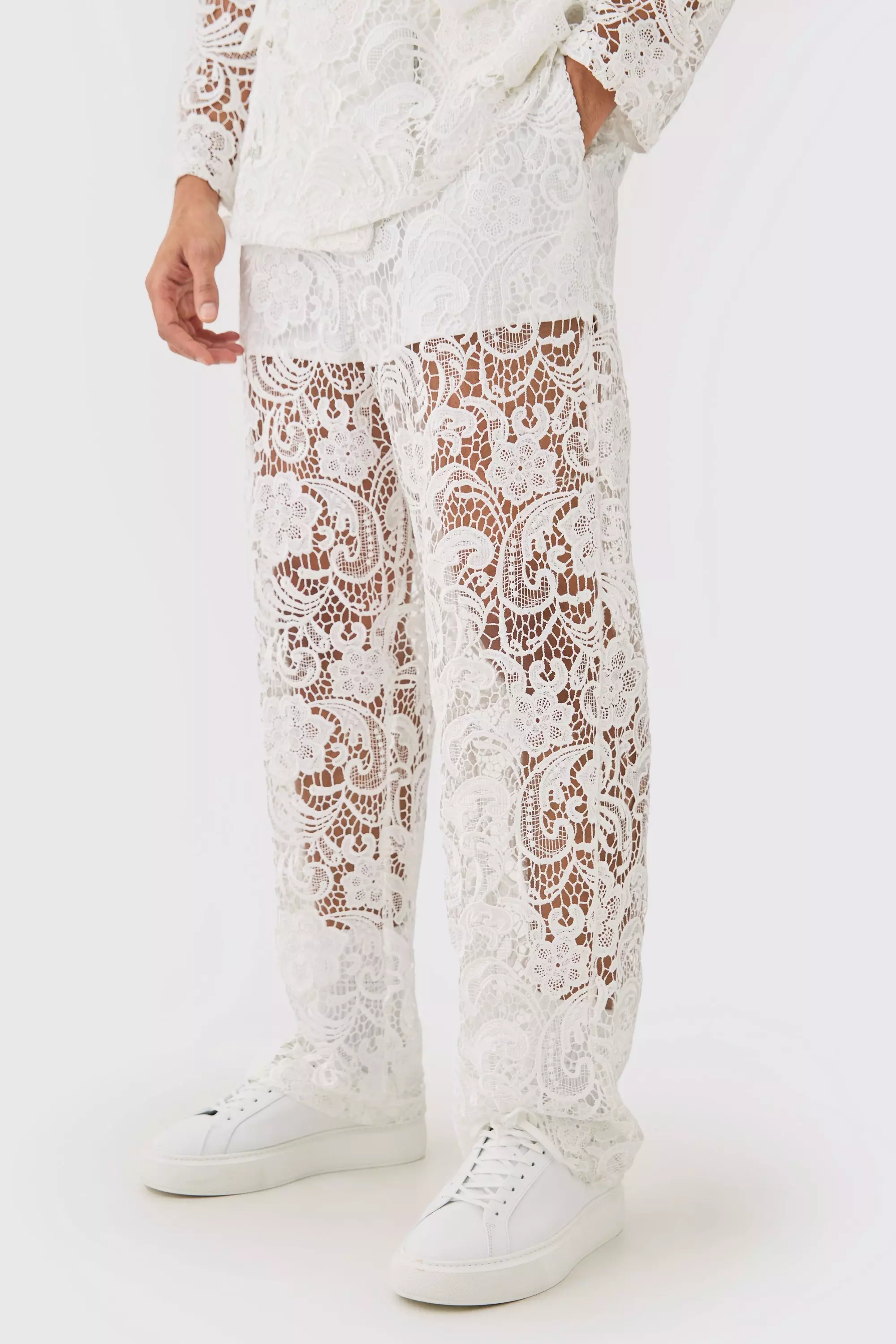 White Relaxed Fit Lace Suit Trouser