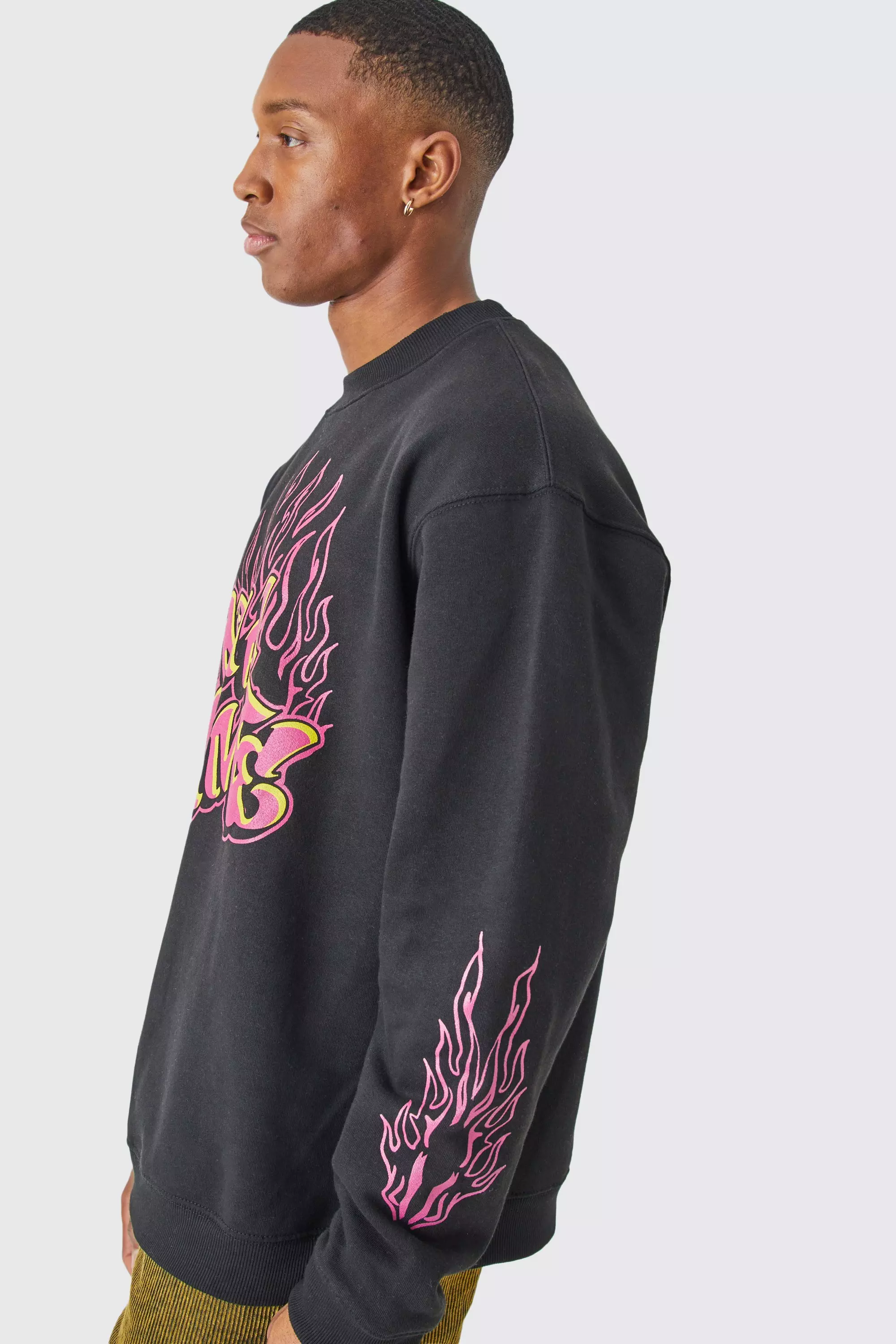 Oversized Extended Neck Grafitti Graphic Sweatshirt Black