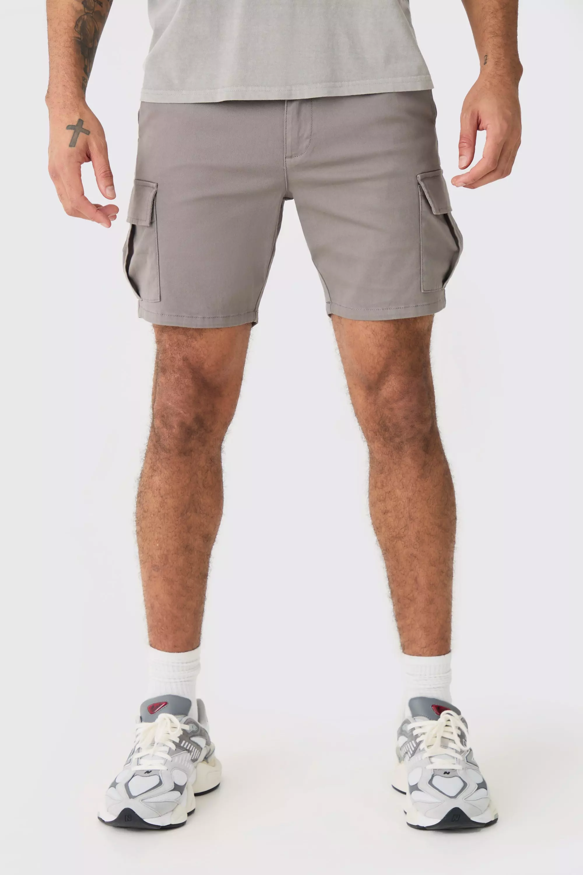 Fixed Waist Grey Skinny Fit Cargo Shorts Grey