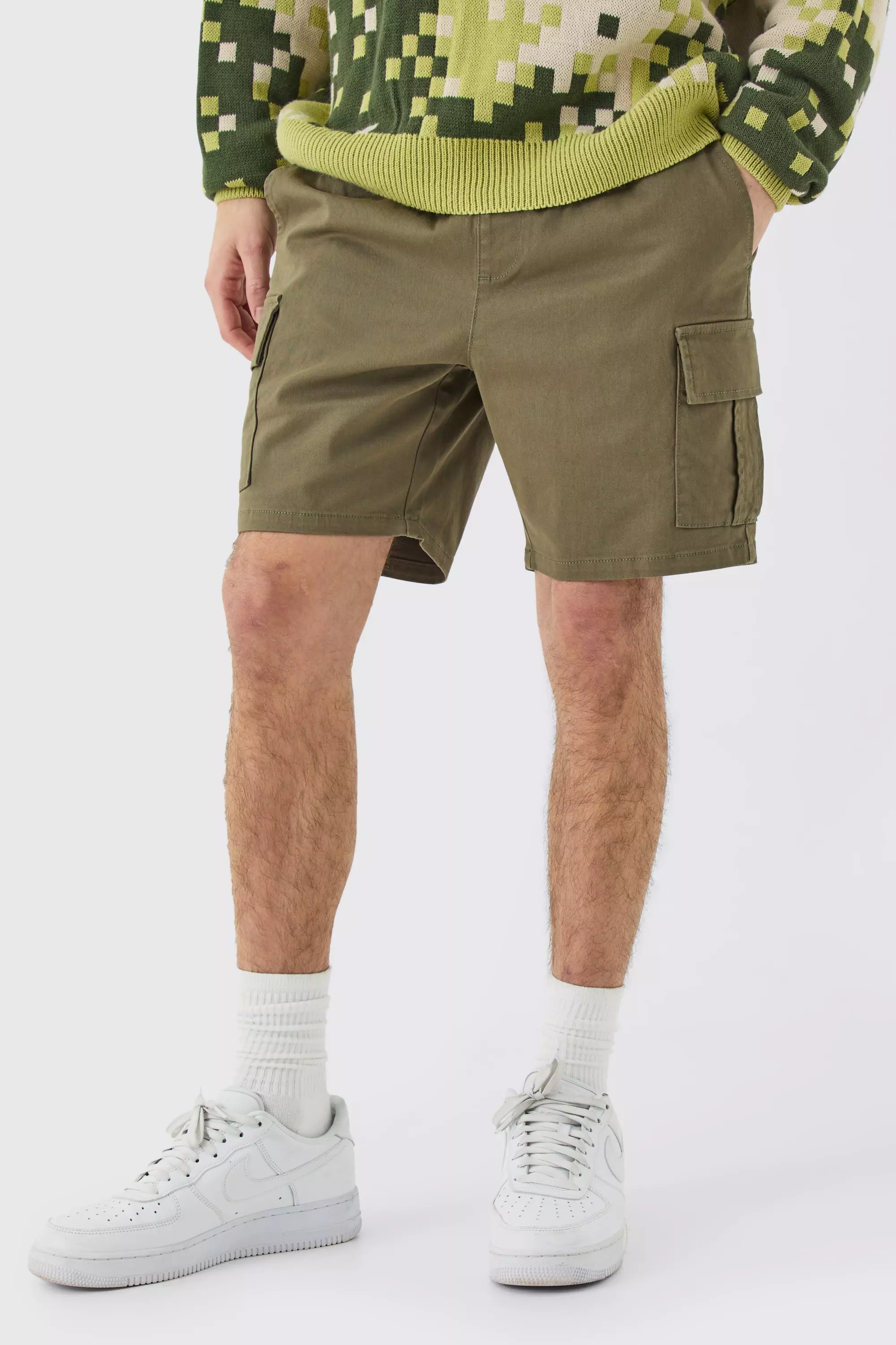 Elastic Waist Khaki Skinny Fit Cargo Shorts Khaki