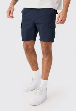 Elastic Waist Navy Skinny Fit Cargo Shorts Navy