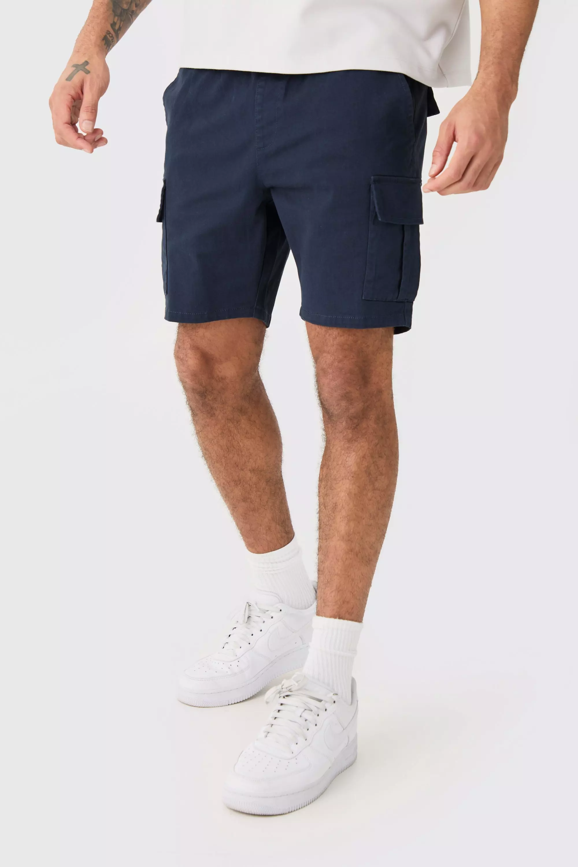Navy Elastic Waist Navy Skinny Fit Cargo Shorts